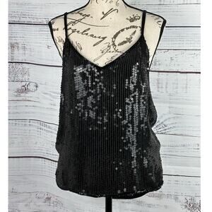 Megere Sequin Silk Tank Womens M Black Spaghetti Strap V Neck Beaded Hem Party